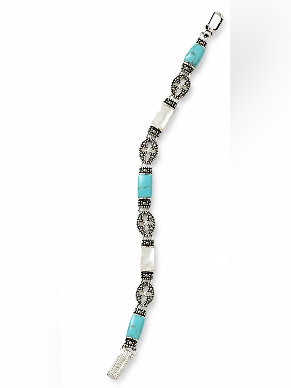 Silver-Tone Turquoise Link Bracelet White Crystal Accents NWT
